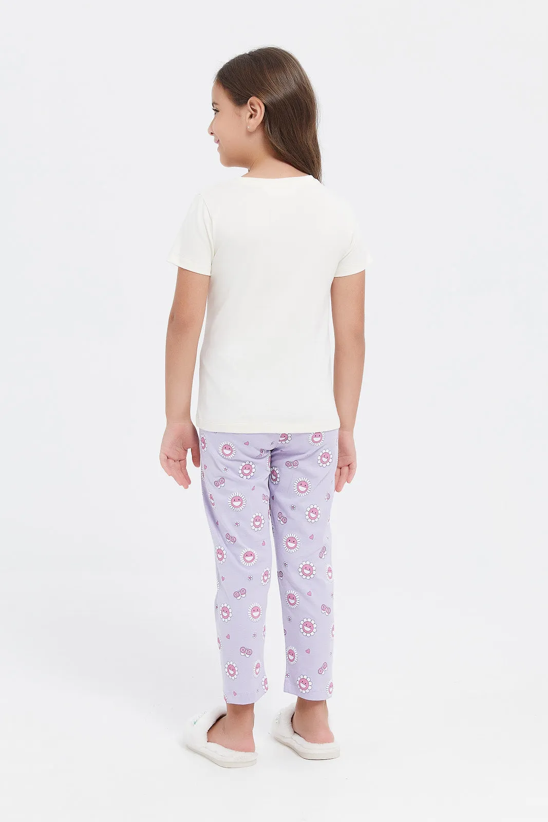 Girls White Flowers Print Pyjama Set (2 Piece)