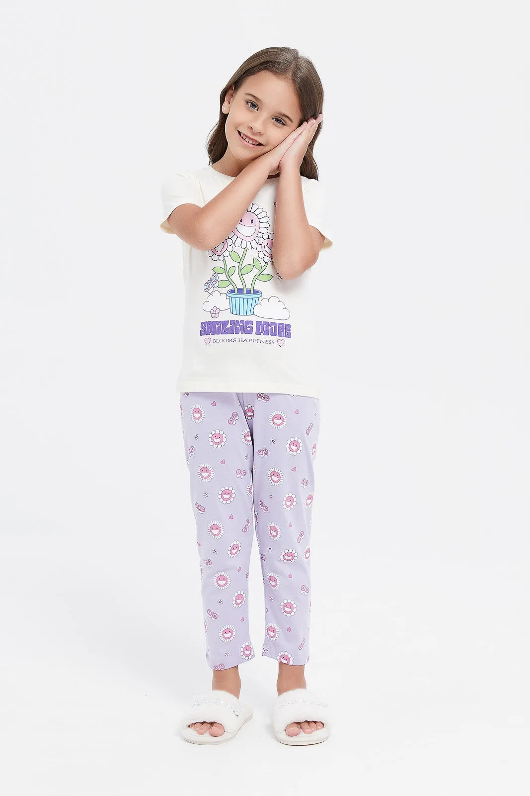 Girls White Flowers Print Pyjama Set (2 Piece)