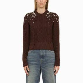 GOLDEN GOOSE Women's White Wool Cropped Sweater with Crystal Embellishments