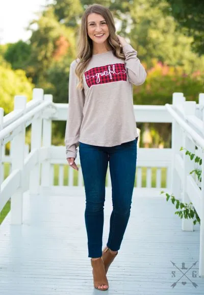 Grateful Plaid Patch on Heathered Beige Longsleeve Tee