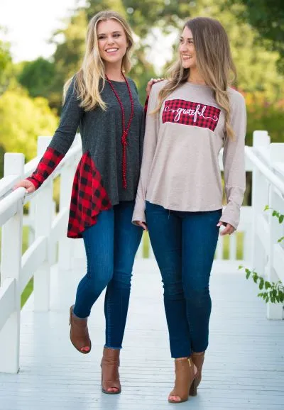 Grateful Plaid Patch on Heathered Beige Longsleeve Tee