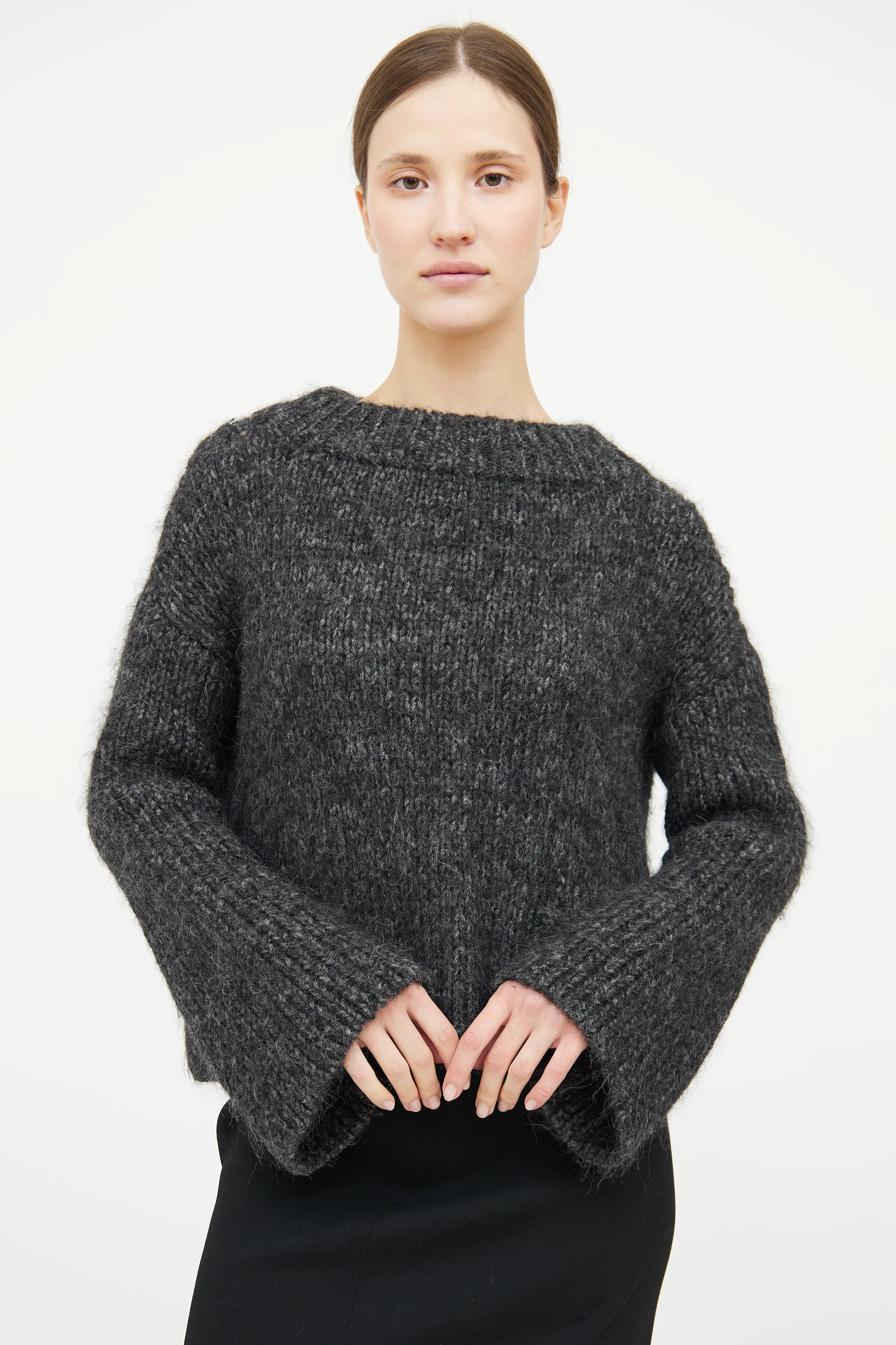 Grey Knit Pocket Mohair Crop Sweater