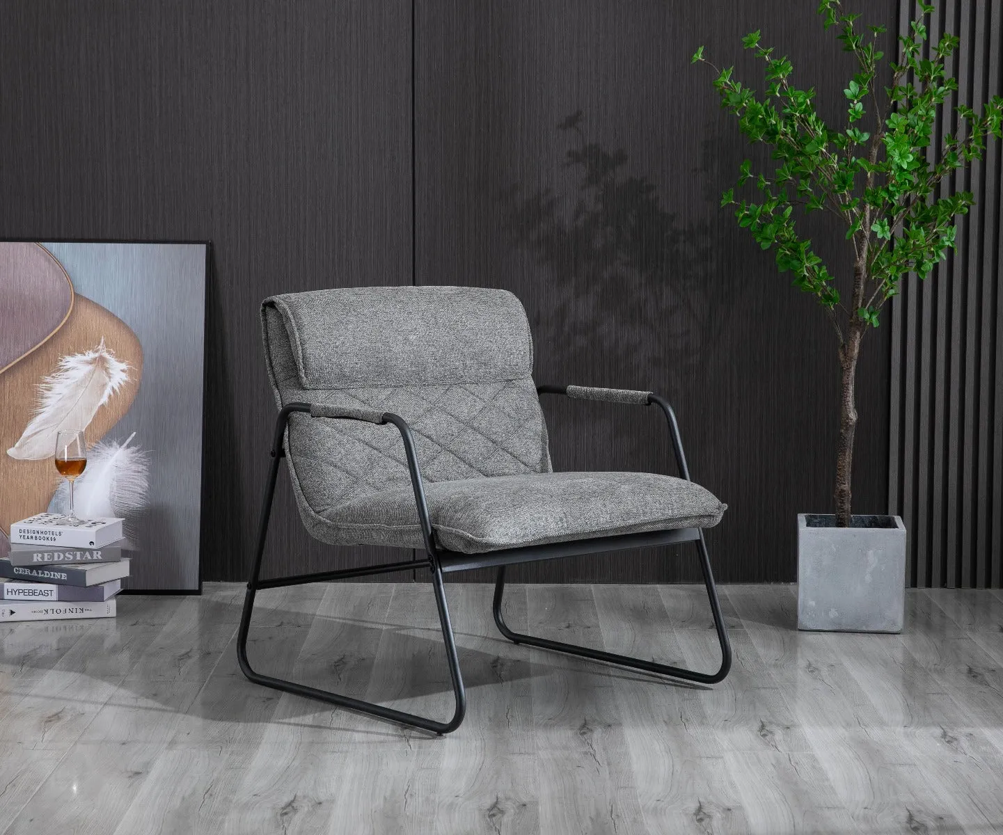 Grey Linen Upholstered Armchair Lounge Chair with Sled Base