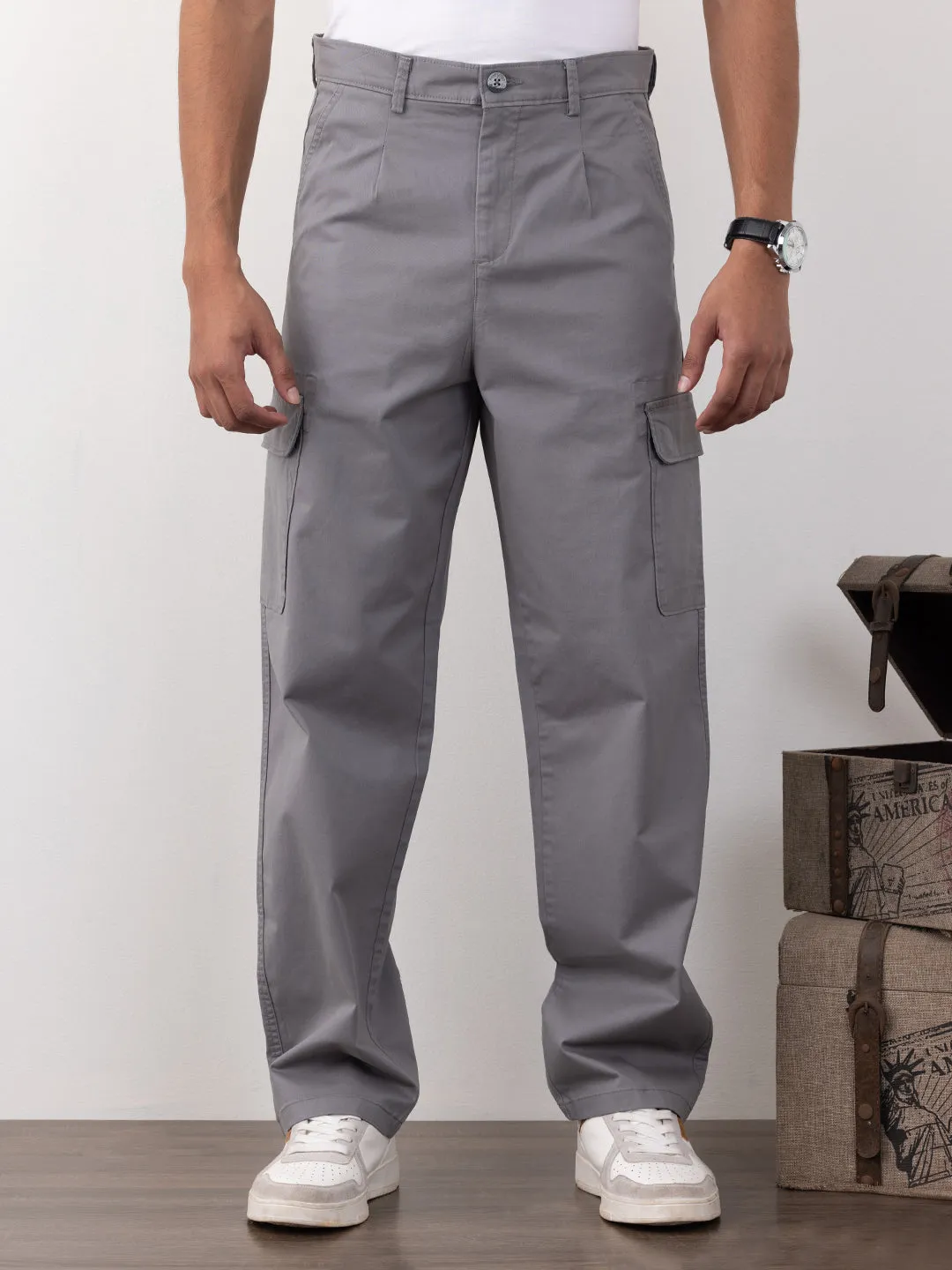 Grey Plain Wide Pants