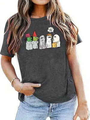 Halloween Themed Crew Neck Short Sleeve T-Shirt - Soft Rayon Fabric, Mid Elasticity, Regular Length, Machine Washable, Casual Style for Spring & Summer - Womens Clothing for All Seasons