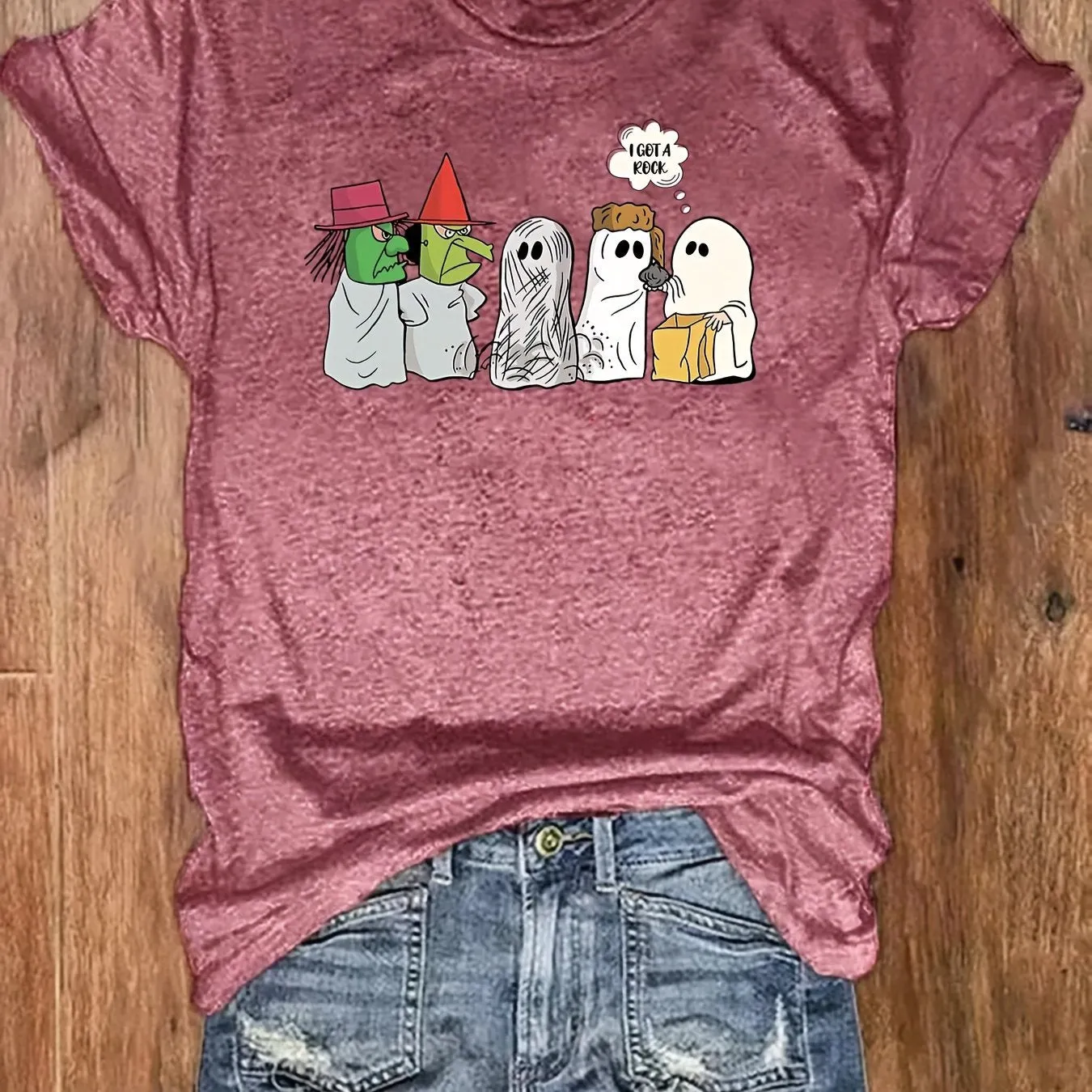 Halloween Themed Crew Neck Short Sleeve T-Shirt - Soft Rayon Fabric, Mid Elasticity, Regular Length, Machine Washable, Casual Style for Spring & Summer - Womens Clothing for All Seasons