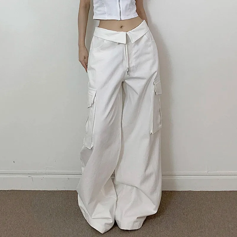 Harajuku Basic Solid Cargo Style Wide Leg Trousers Women Streetwear Tech Pockets Bagg Pants Turn-Down Waist Outfits