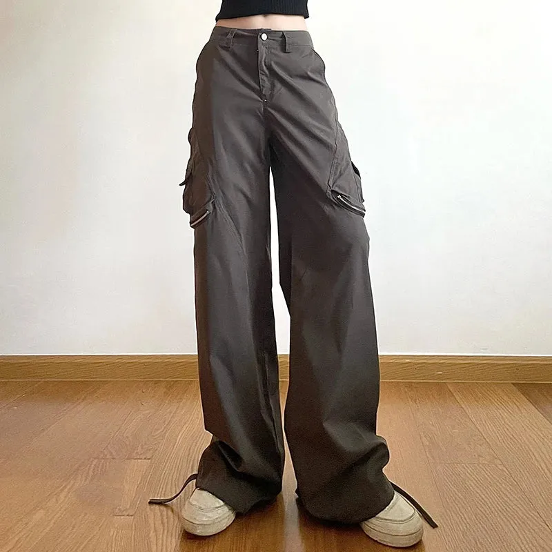 Harajuku Zipper Cargo Trousers Women Solid Low Waisted Multi Pockets Streetwear Baggy Pants Drawstring Techwear Capri