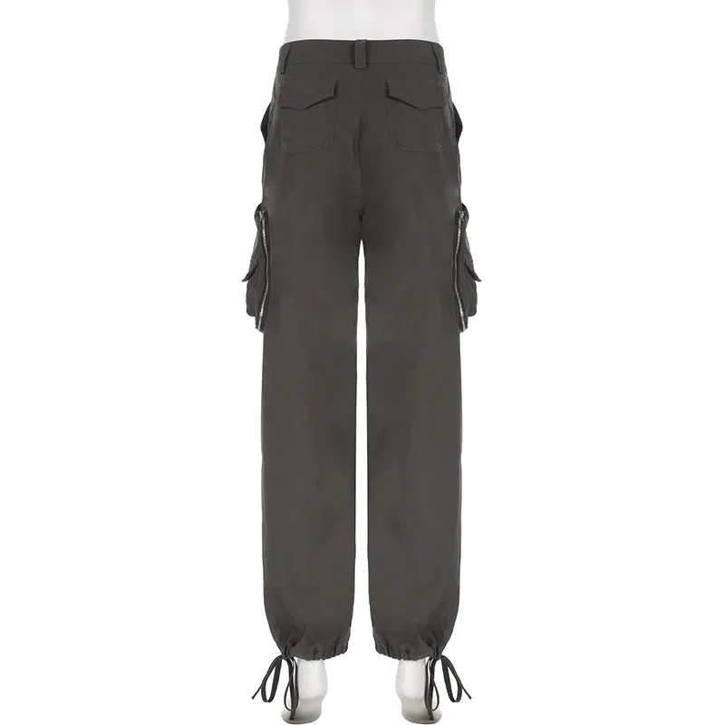 Harajuku Zipper Cargo Trousers Women Solid Low Waisted Multi Pockets Streetwear Baggy Pants Drawstring Techwear Capri