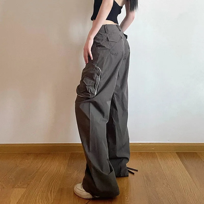 Harajuku Zipper Cargo Trousers Women Solid Low Waisted Multi Pockets Streetwear Baggy Pants Drawstring Techwear Capri