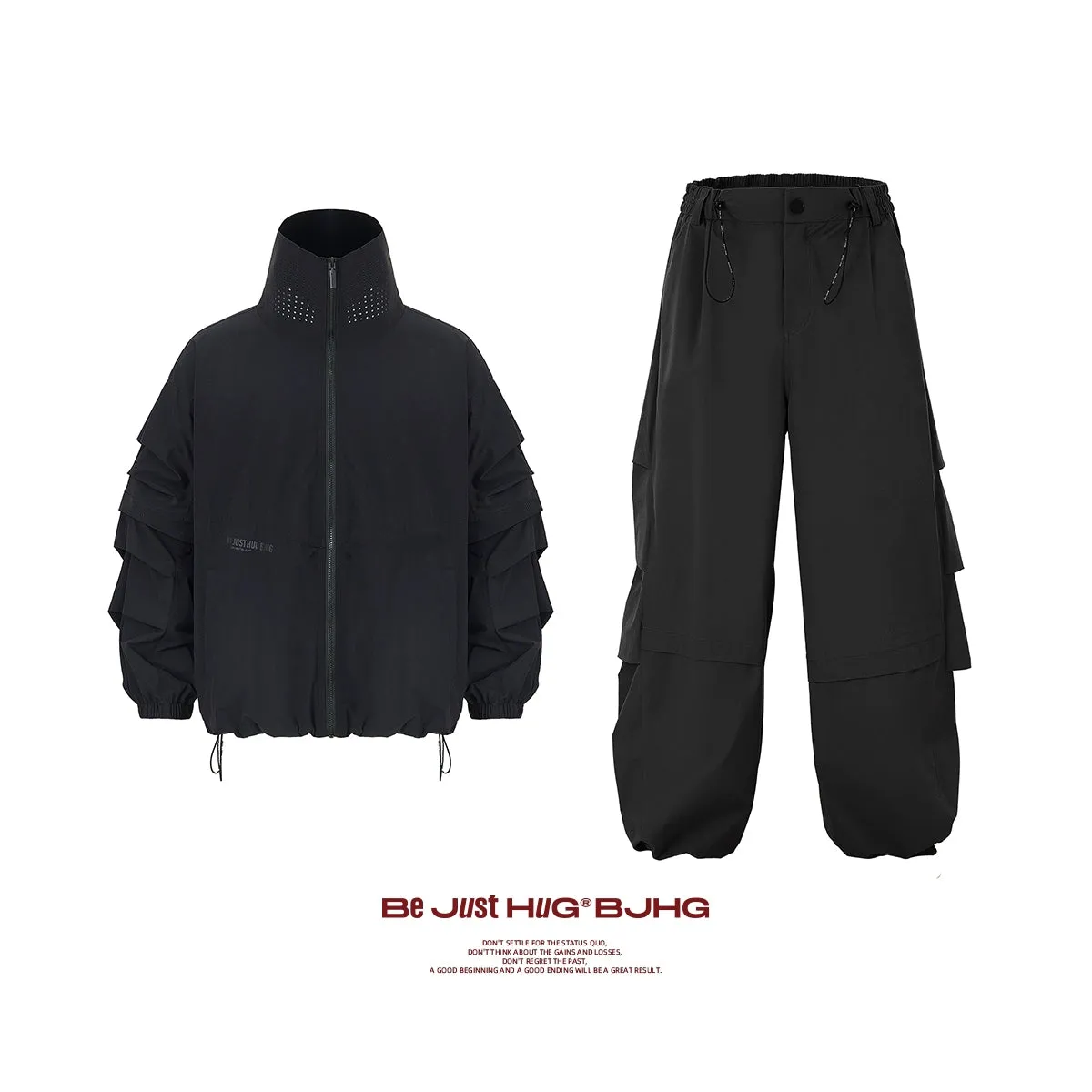 High-neck Detachable Sleeve Sporty Jacket & Wide Leg Sporty Cargo Pants Setup WN9716