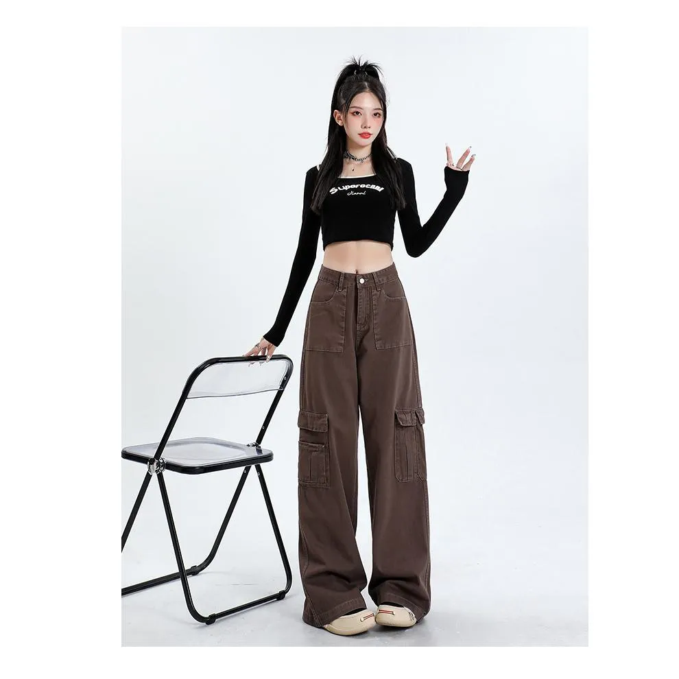 High-Waisted Slimming Draping Loose Fit Straight Leg Cargo Pants