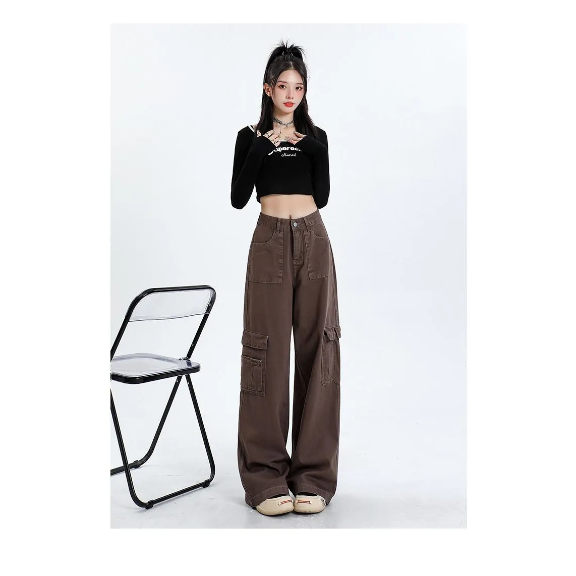 High-Waisted Slimming Draping Loose Fit Straight Leg Cargo Pants