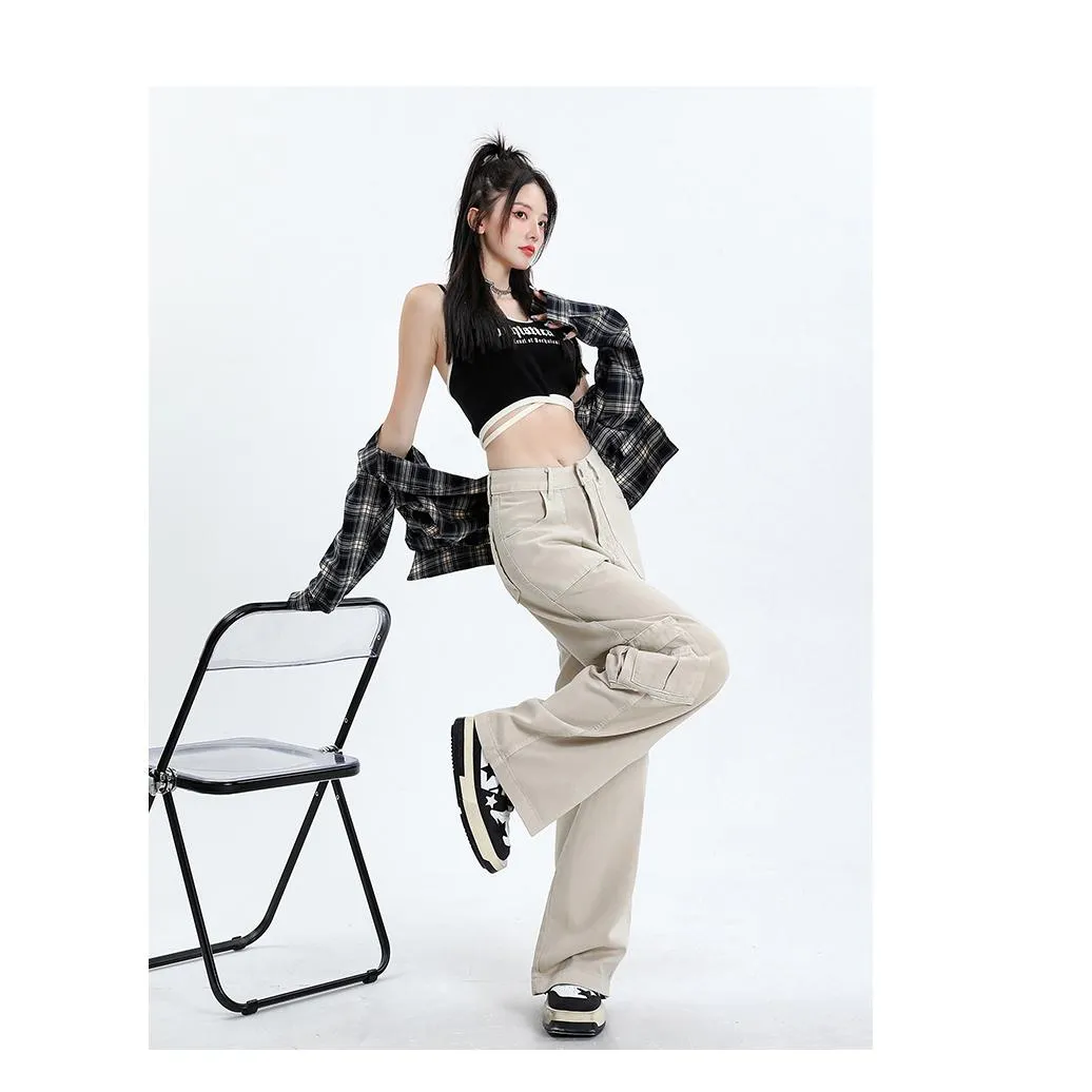 High-Waisted Slimming Draping Loose Fit Straight Leg Cargo Pants