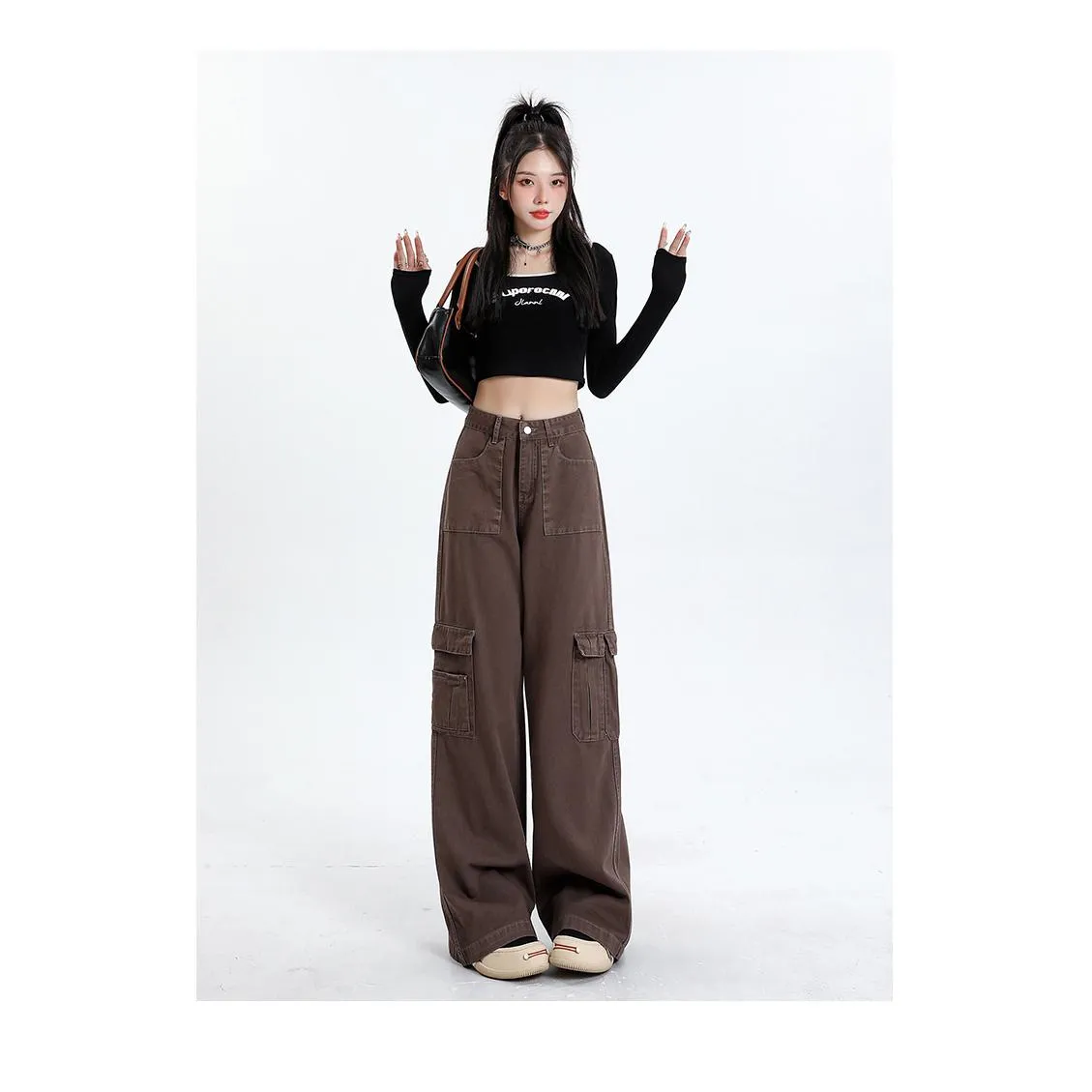 High-Waisted Slimming Draping Loose Fit Straight Leg Cargo Pants