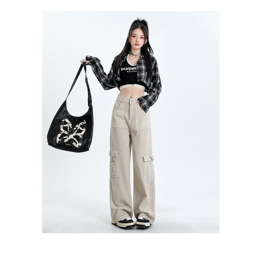 High-Waisted Slimming Draping Loose Fit Straight Leg Cargo Pants