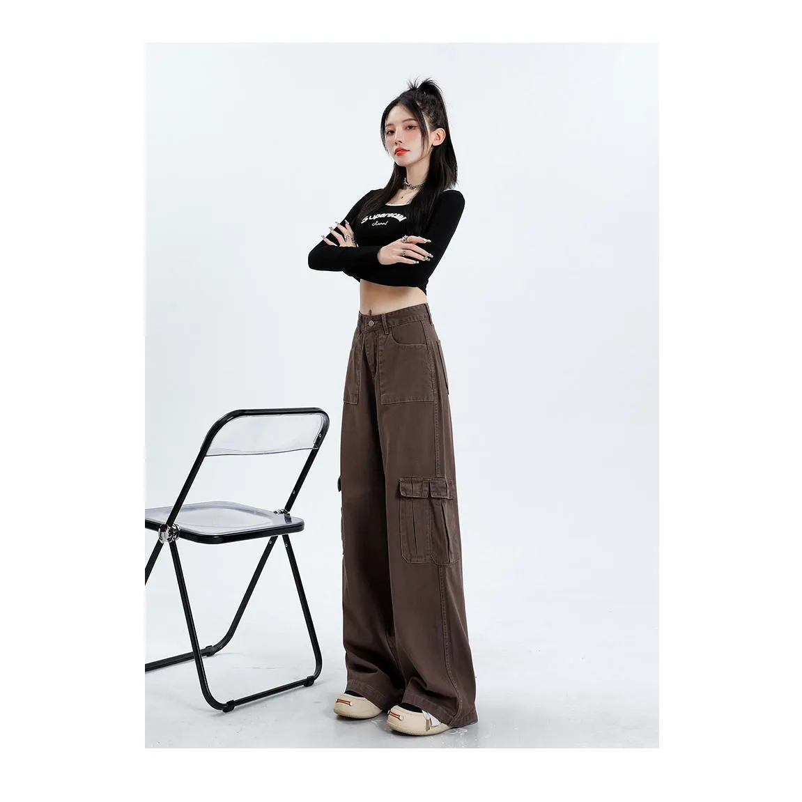 High-Waisted Slimming Draping Loose Fit Straight Leg Cargo Pants