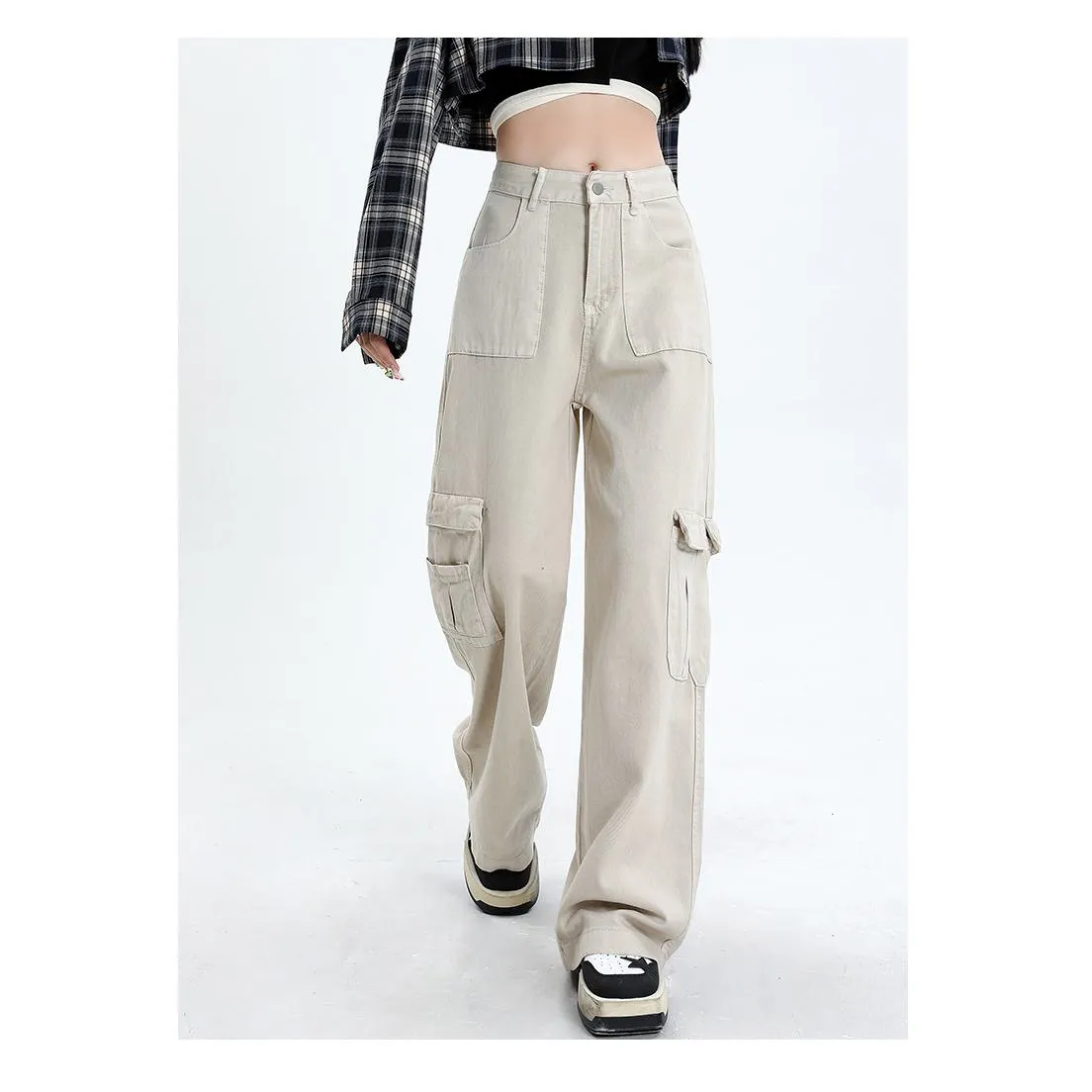 High-Waisted Slimming Draping Loose Fit Straight Leg Cargo Pants