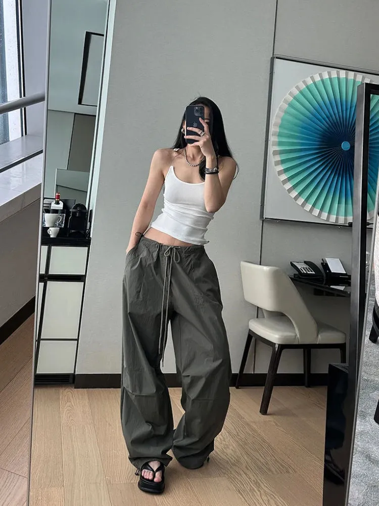 HOUZHOU Y2k Black Parachute Pants Women Wide Cargo Trousers Vintage Oversized Japanese Style Casual Pleated Joggers Streetwear