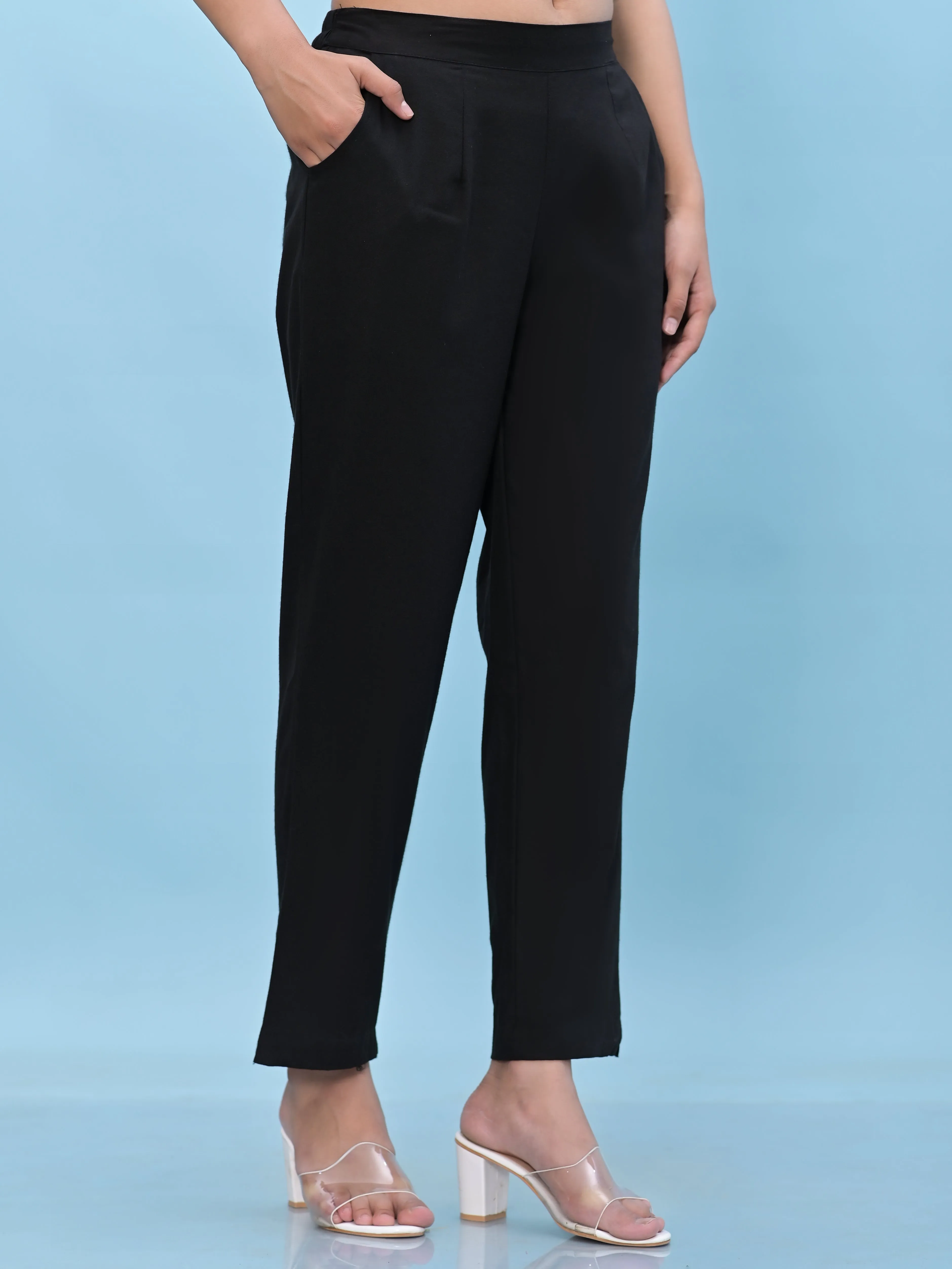 Jashvi Women Black Solid Cotton Pants with Partially Elasticated Waistband and Two Side Pockets