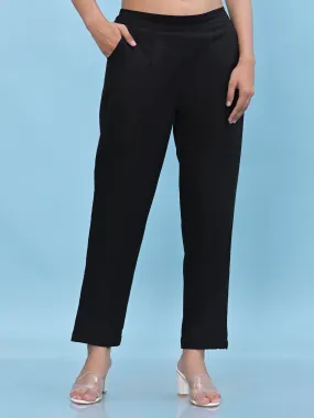 Jashvi Women Black Solid Cotton Pants with Partially Elasticated Waistband and Two Side Pockets