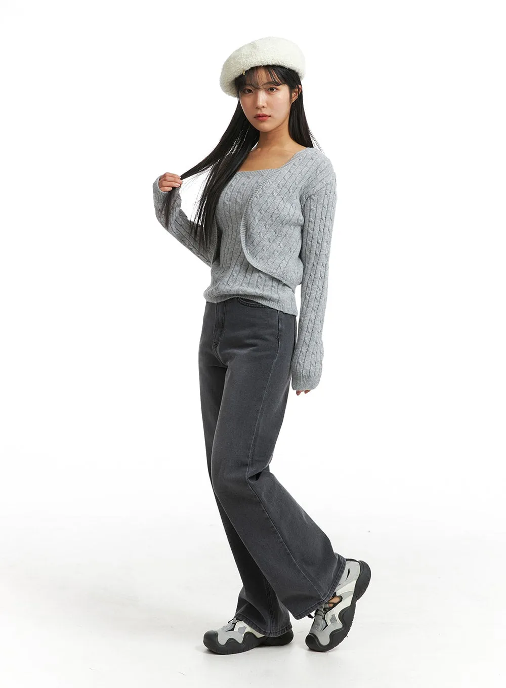 Knit Binding Long Sleeve Shrug OJ405