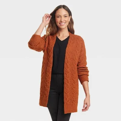 Knox Rose Women's Cable-Knit Open-Front Cardigan with Ribbed Cuffs