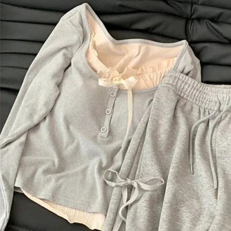 Korean Spring Wear Grey Casual Top Female  New Bow Design Super Sweet High Waist Slim Wide-leg Pants Two-piece Set