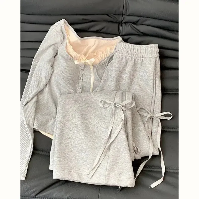 Korean Spring Wear Grey Casual Top Female  New Bow Design Super Sweet High Waist Slim Wide-leg Pants Two-piece Set