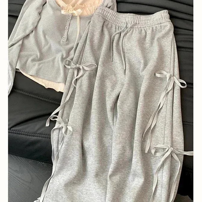 Korean Spring Wear Grey Casual Top Female  New Bow Design Super Sweet High Waist Slim Wide-leg Pants Two-piece Set