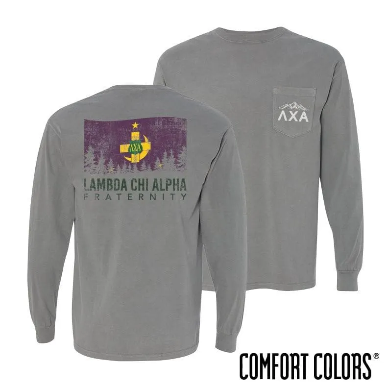 Lambda Chi Gray Comfort Colors Flag Long Sleeve Pocket Tee