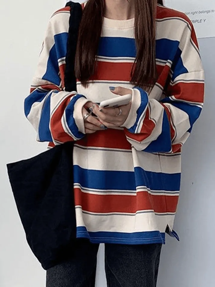 LANFUBEISI - Vintage Striped Pullover Sweatshirt