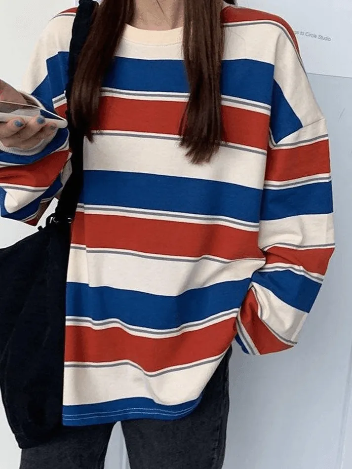 LANFUBEISI - Vintage Striped Pullover Sweatshirt