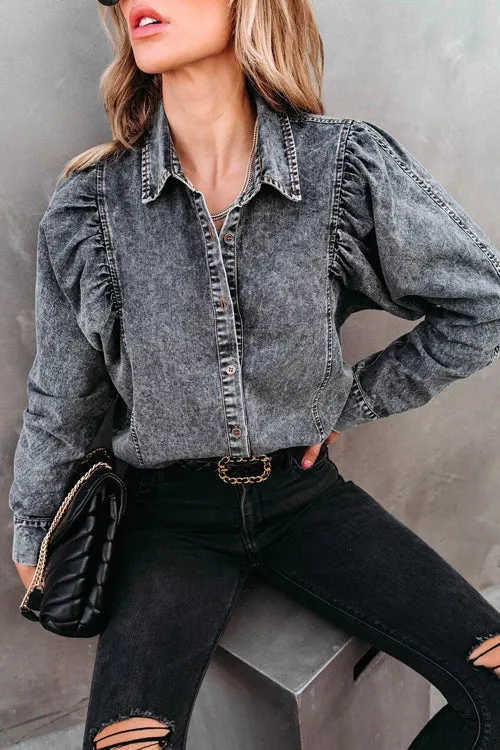 Let's Go Westward Denim Button Down Long Sleeve Top