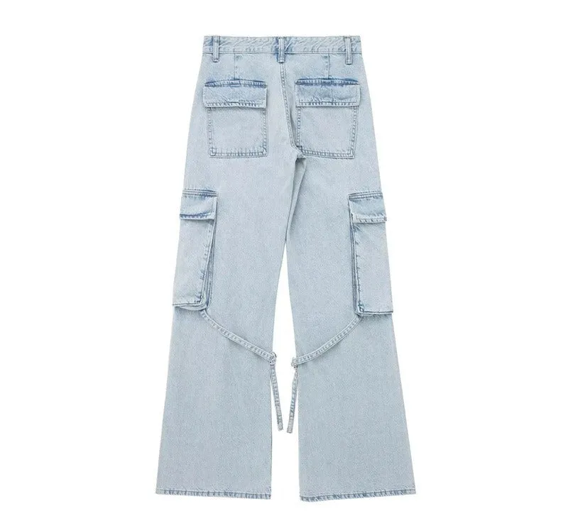 Loose mid-rise cargo jeans trousers with tie strap