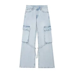 Loose mid-rise cargo jeans trousers with tie strap