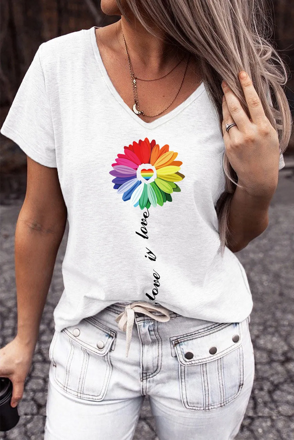 Love Is Love Pirde T Shirt Women's Summer Sunflower V Neck Graphic Tees