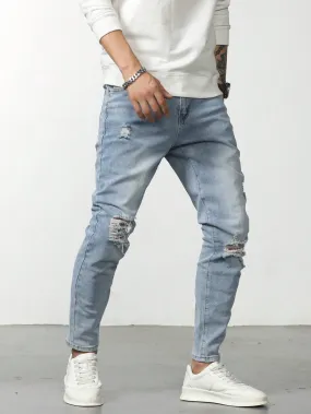 Manfinity LEGND Men Cotton Slant Pocket Ripped Jeans Slim Fit Long Frayed Jean Cargo Plain Light Blue Work Basic Husband