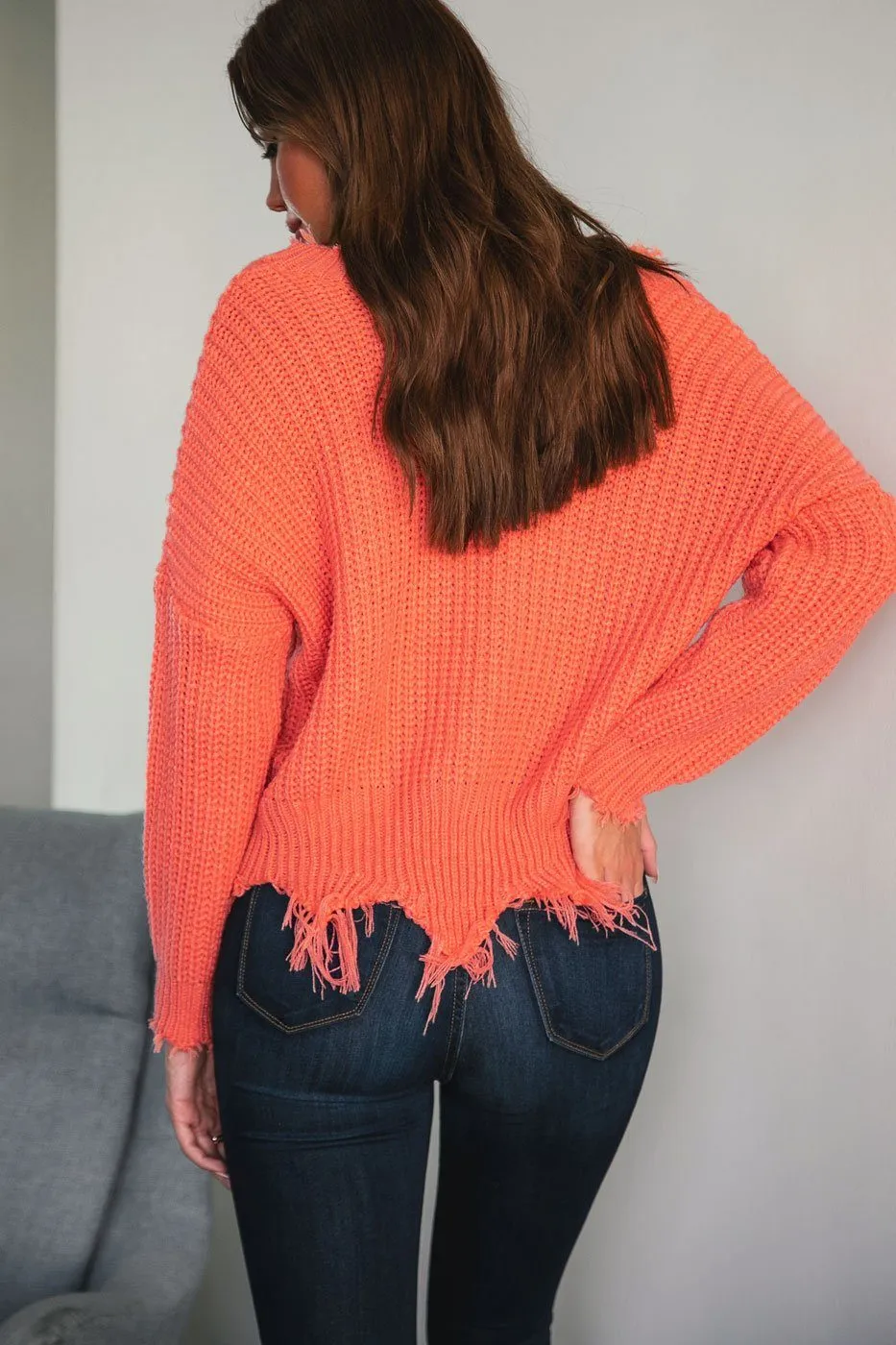 Marnie Coral Distressed Knit Sweater