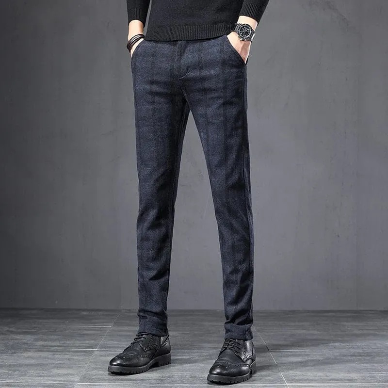 Men Slant Pocket Slim Fit Plaid Suit Pants