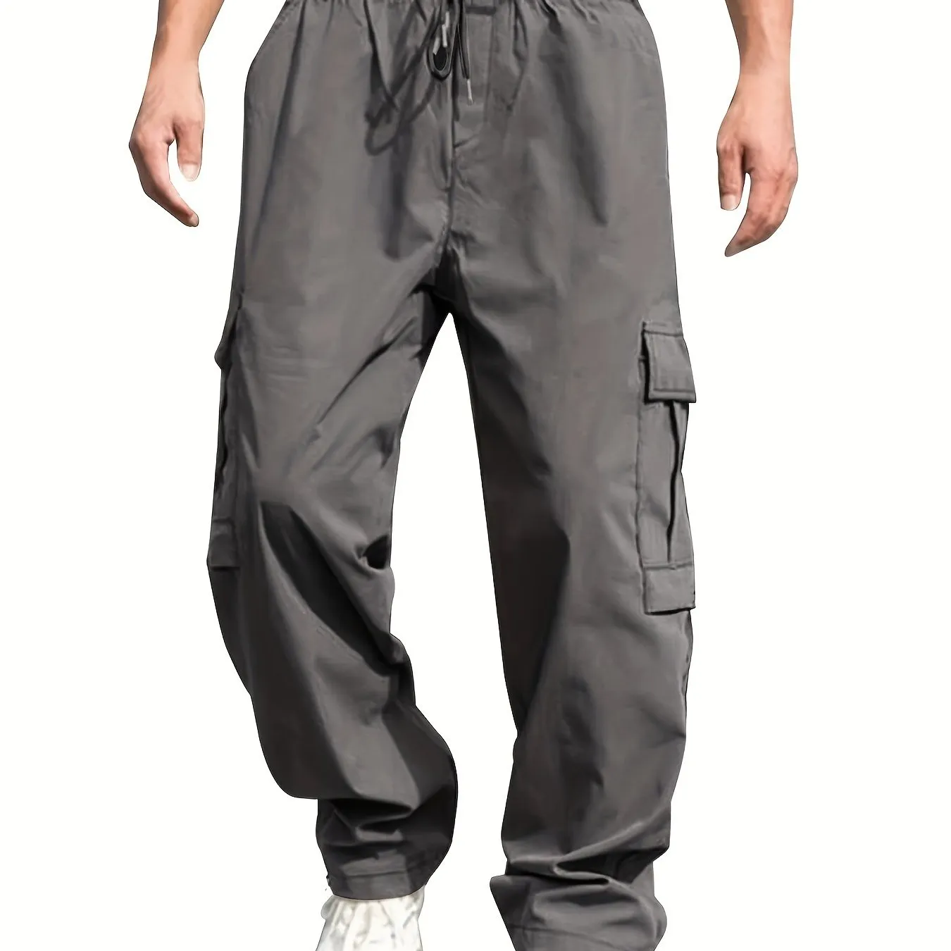 Mens Cargo Pants with Elastic Drawstring - Spacious Pockets, Loose Fit & Trendy Solid Color - Perfect for Casual Style