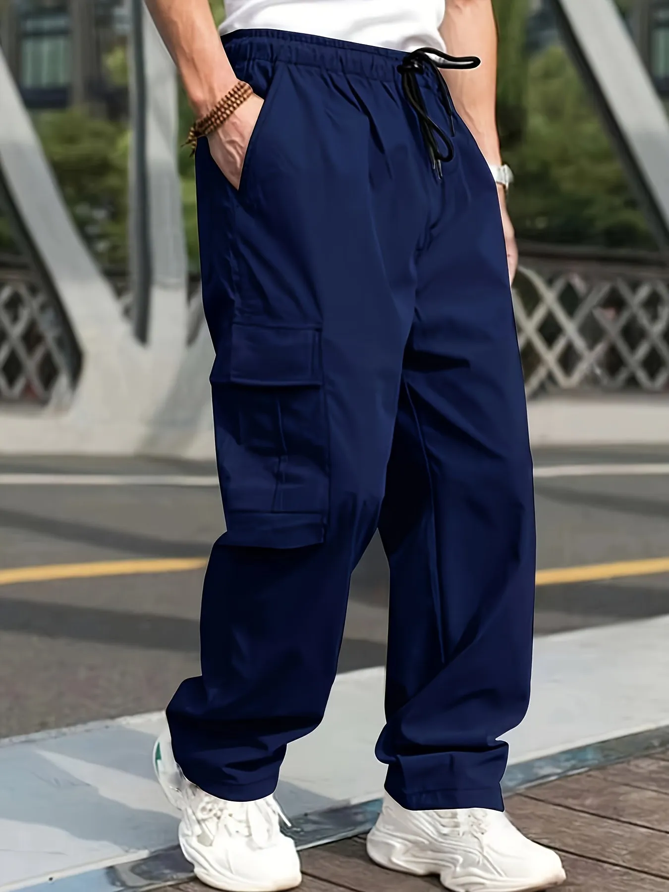 Mens Cargo Pants with Elastic Drawstring - Spacious Pockets, Loose Fit & Trendy Solid Color - Perfect for Casual Style