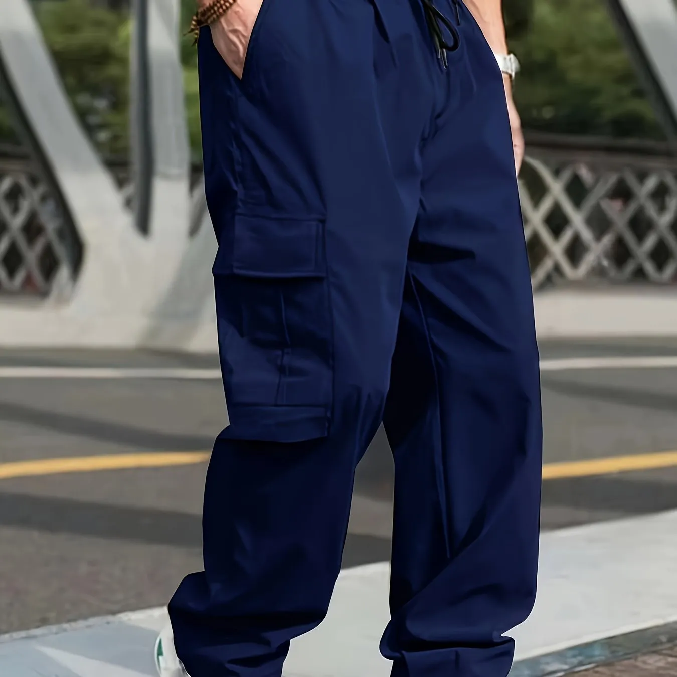 Mens Cargo Pants with Elastic Drawstring - Spacious Pockets, Loose Fit & Trendy Solid Color - Perfect for Casual Style