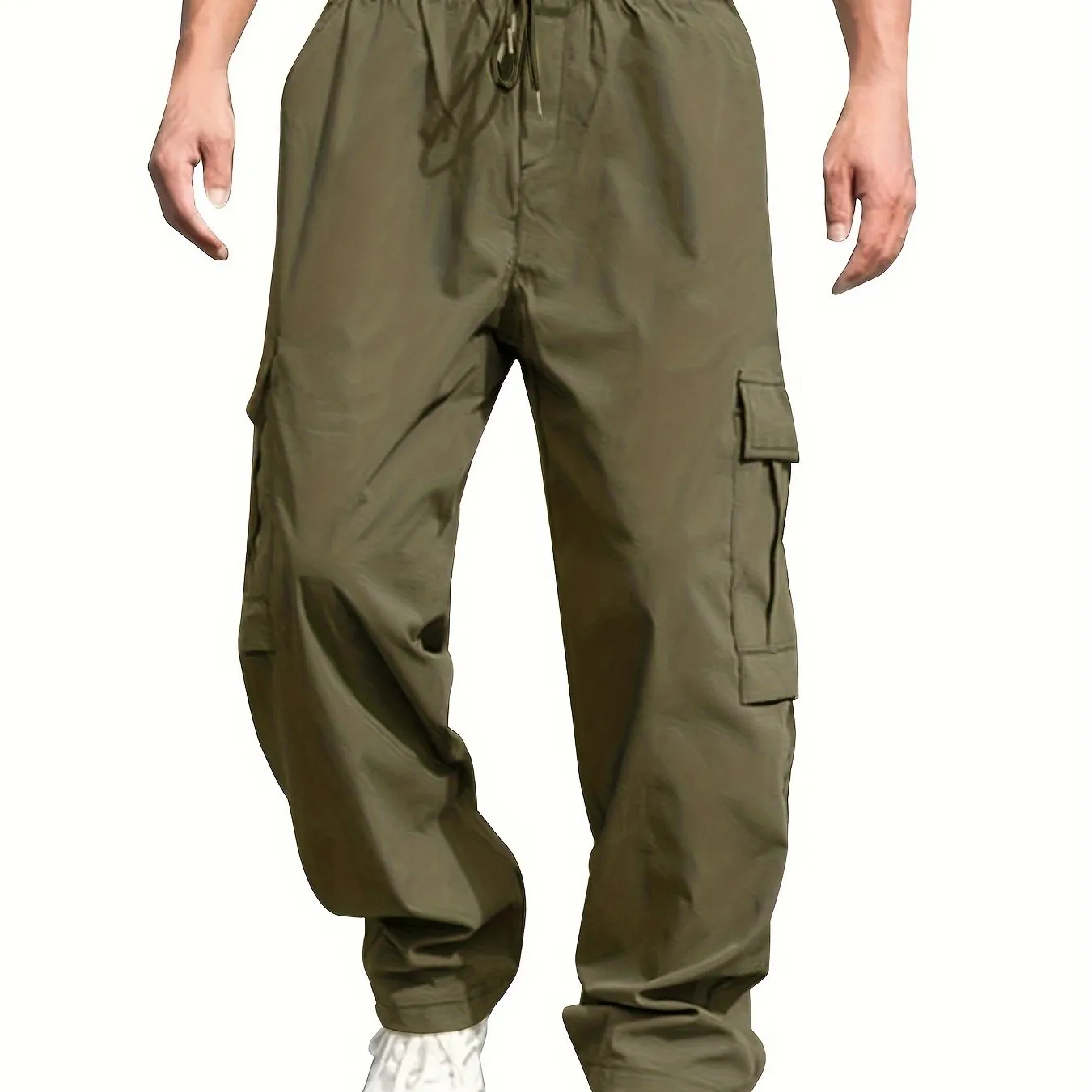 Mens Cargo Pants with Elastic Drawstring - Spacious Pockets, Loose Fit & Trendy Solid Color - Perfect for Casual Style