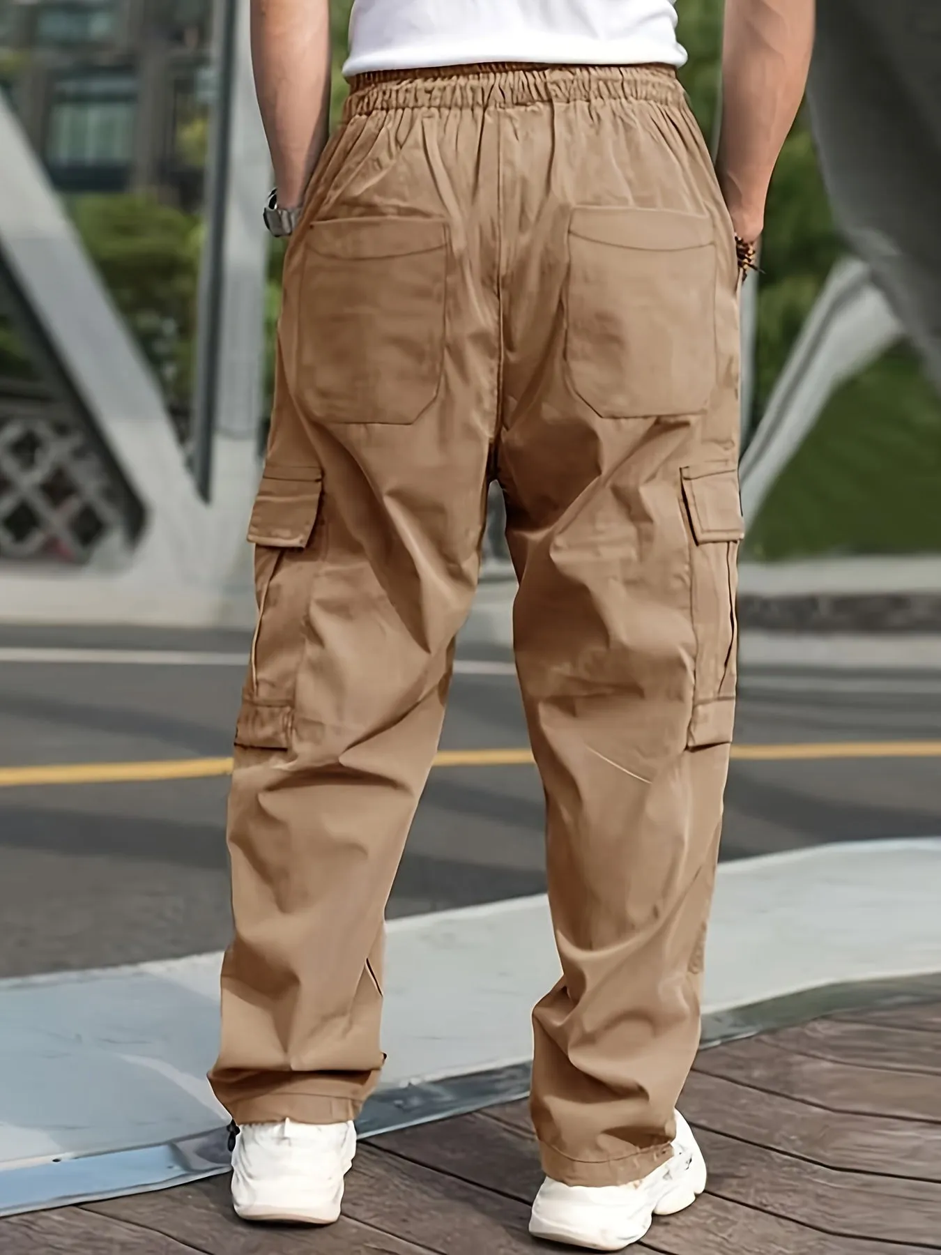 Mens Cargo Pants with Elastic Drawstring - Spacious Pockets, Loose Fit & Trendy Solid Color - Perfect for Casual Style