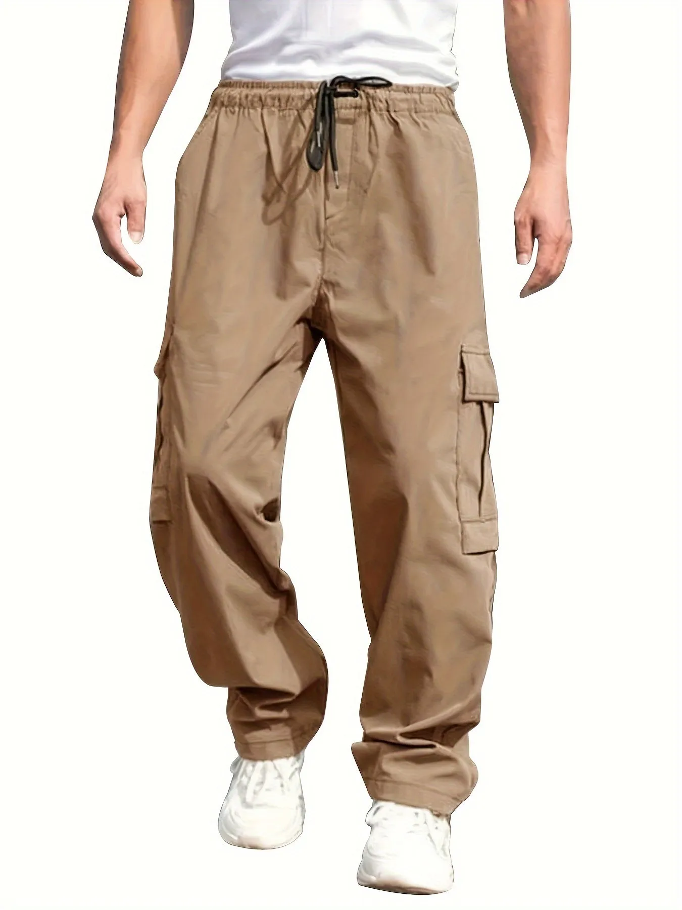 Mens Cargo Pants with Elastic Drawstring - Spacious Pockets, Loose Fit & Trendy Solid Color - Perfect for Casual Style