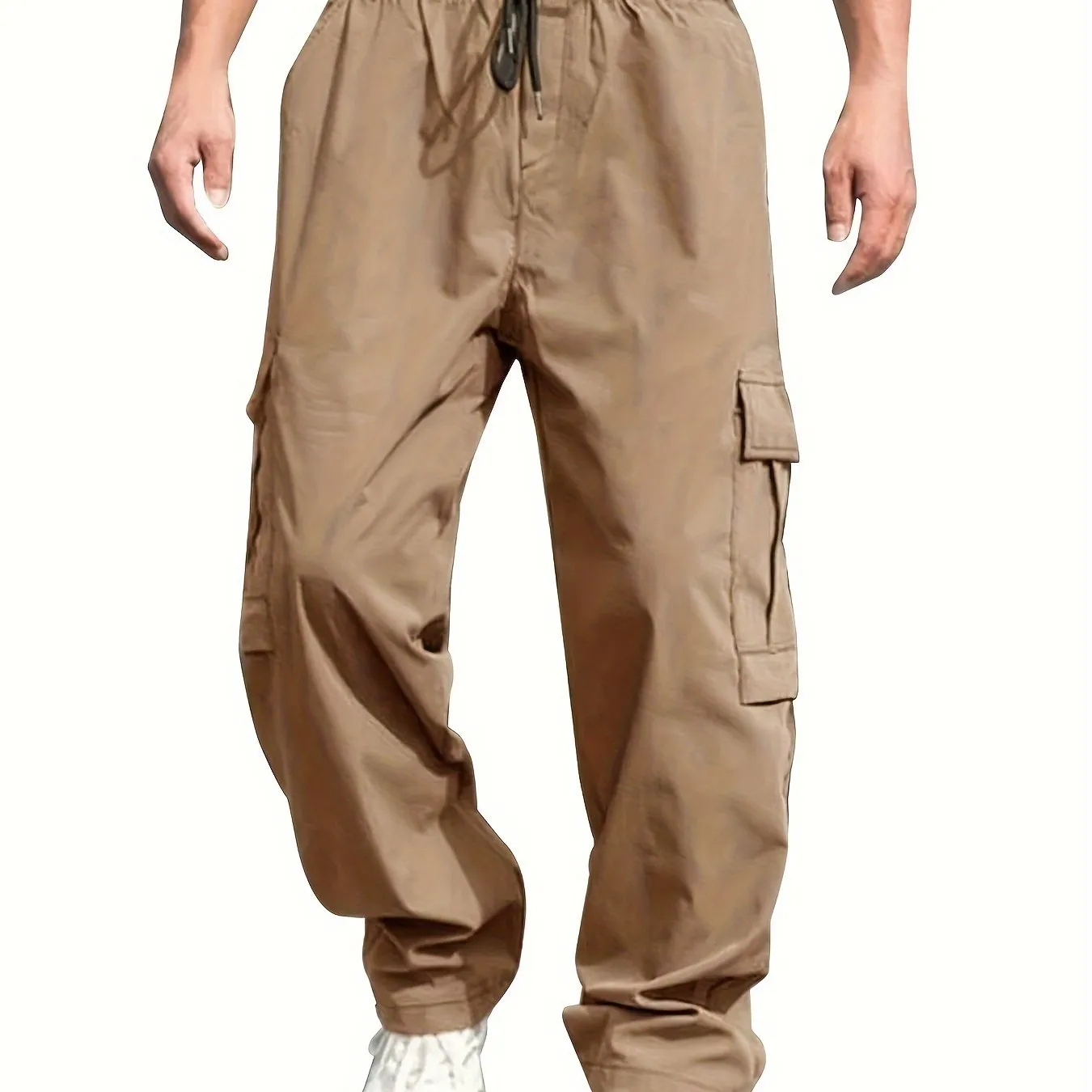 Mens Cargo Pants with Elastic Drawstring - Spacious Pockets, Loose Fit & Trendy Solid Color - Perfect for Casual Style