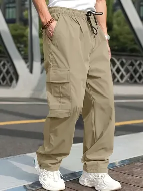 Mens Cargo Pants with Elastic Drawstring - Spacious Pockets, Loose Fit & Trendy Solid Color - Perfect for Casual Style