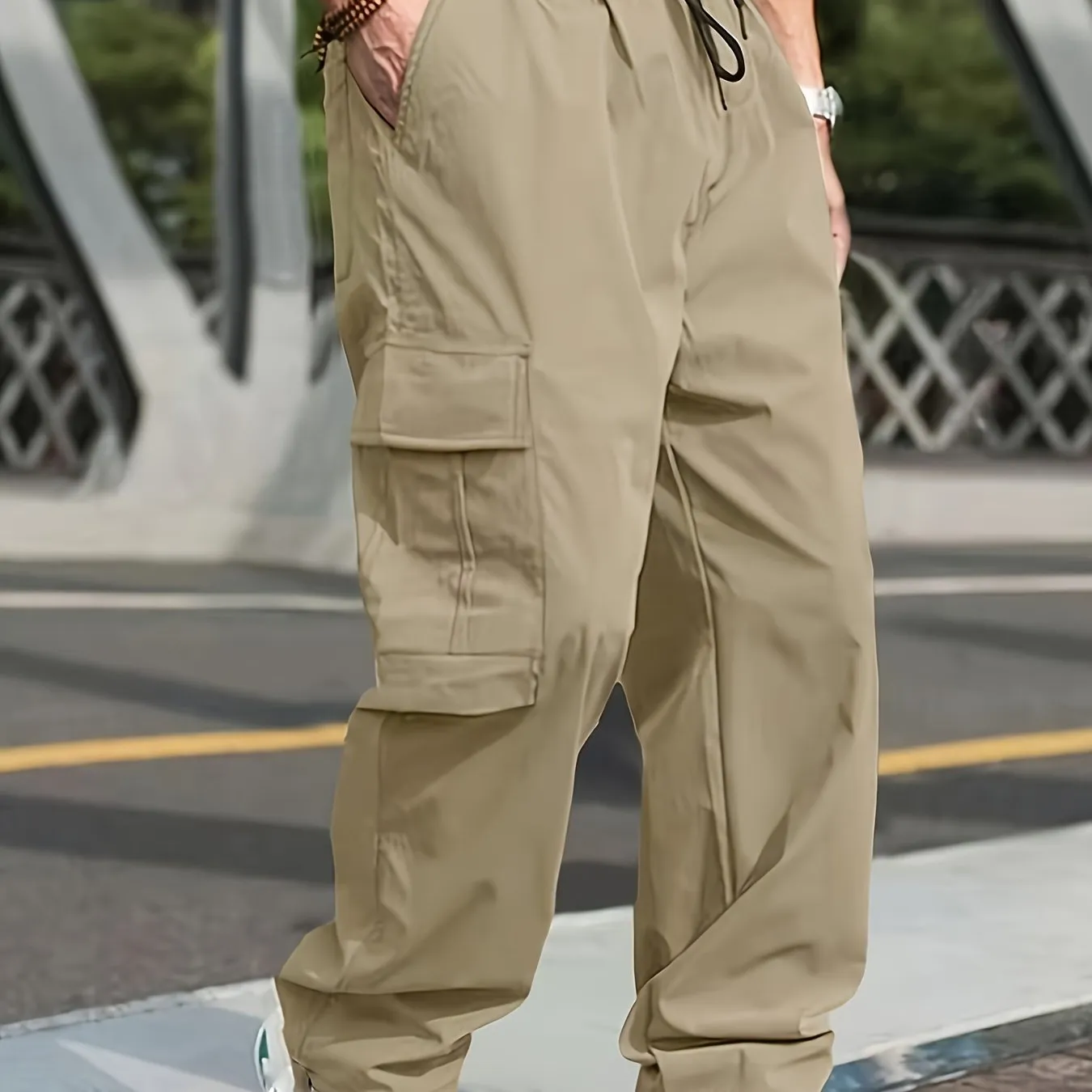 Mens Cargo Pants with Elastic Drawstring - Spacious Pockets, Loose Fit & Trendy Solid Color - Perfect for Casual Style