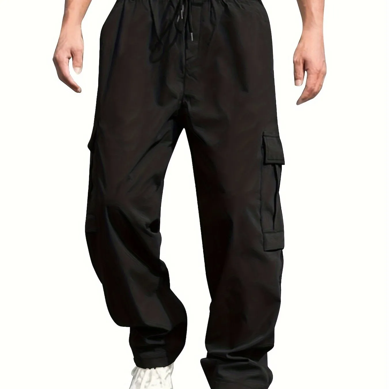 Mens Cargo Pants with Elastic Drawstring - Spacious Pockets, Loose Fit & Trendy Solid Color - Perfect for Casual Style